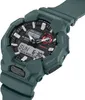 A close-up, angled shot of a green Casio G-Shock watch against a white background. Produktbild-Vorschau