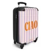 A suitcase with a striped pattern and the word "ciao" printed on it. Produktbild-Vorschau