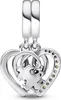 A close-up studio shot of a silver charm with two interlocking hearts and puzzle pieces inside, adorned with small colorful stones. Anteprima dell’immagine prodotto