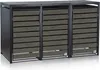 A set of three outdoor trash can enclosures with slatted doors. Produktbild-Vorschau