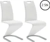 Two white modern dining chairs with silver legs on a white background.