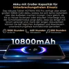 A tablet displaying battery information and marketing text about its battery capacity and usage. Produktbild-Vorschau