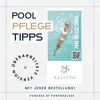 A woman swimming in a pool, with text and logos related to pool care tips. Produktbild-Vorschau