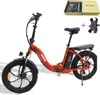 A red foldable electric bicycle with accessories displayed next to it. Produktbild-Vorschau