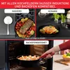 Collage showing cookware on different stovetops and in an oven, with text overlays highlighting features. Produktbild-Vorschau