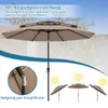 A promotional image of a beige patio umbrella with text overlays highlighting its features. Náhled obrázku produktu