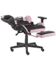 A black and pink gaming chair with a footrest extended. Náhled obrázku produktu