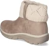 A side view of a taupe boot with a cream knitted cuff. Voir les images du produit