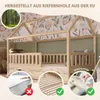 A children's house bed made of pine wood, with floral canopy and drawers. The image includes marketing text and icons highlighting features. Produktbild-Vorschau