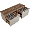 A close-up, slightly angled view of a bathroom vanity unit with two drawers open, revealing cutlery organizers inside. The top surface has a rustic wood grain texture, while the drawer fronts are a matte taupe color. Produktbild-Vorschau