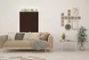 A living room scene with a sofa, a coffee table, and wall decorations. Produktbild-Vorschau