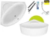 A collage of images showing a corner bathtub, plumbing accessories, and a close-up of a bathtub rim. Produktbild-Vorschau