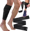 A collage of images showing a black compression bandage for the calf, with white stripes. One image shows the bandage wrapped around a calf, another shows hands wrapping it around a leg with a blue and purple athletic shoe, and a third shows the bandage la Produktbild-Vorschau