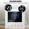 A close-up marketing image of a smart thermostat with callouts highlighting its features. Voir les images du produit
