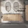A modern bathroom vanity with two sinks and mirrors, featuring a wooden cabinet with fluted doors. Anteprima dell’immagine prodotto