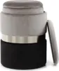 A three-tiered cylindrical ottoman with a silver band separating the gray top and black bottom sections. The lid is slightly ajar. Produktbild-Vorschau