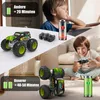 A split image showing a child playing with an RC car and promotional text about battery life. Produktbild-Vorschau