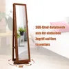 A wooden jewelry cabinet with a full-length mirror is shown in a room setting, with text overlays highlighting its features. Náhľad obrázku produktu
