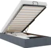 A bed frame with the mattress lifted, revealing storage space underneath. Produktbild-Vorschau