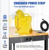 A yellow power strip with a lamp and a coiled black cable on a wooden workbench. Voir les images du produit