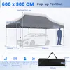 A diagram showing the dimensions and features of a pop-up pavilion, with a car and a person for scale. Anteprima dell’immagine prodotto