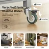 Close-up of a caster wheel with text and icons explaining its features, and smaller images showing different room settings where the product can be used. Produktbild-Vorschau