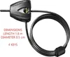 A black cable lock with a black casing and a green circular logo is shown against a white background. Text indicating dimensions and keys is present on the left side of the image. Podgląd zdjęcia produktu