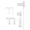 A collection of white roller blind accessories, including brackets and a pull chain, laid out on a white background. Produktbild-Vorschau