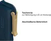 Close-up of a blue flashlight with a gold clip, next to text describing its features. Produktbild-Vorschau