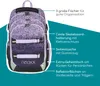 A purple backpack with glitter details, shown from the front with feature callouts. Produktbild-Vorschau