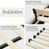 A collage of four images showcasing different aspects of a bed frame's construction and features. Produktbild-Vorschau