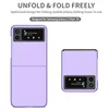 A marketing image showing a purple Samsung Galaxy Z Flip4 5G phone case in both folded and unfolded states, with text highlighting its features. Produktbild-Vorschau