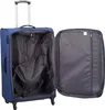 An open blue suitcase with a silver handle and wheels, showing its interior compartments. Produktbild-Vorschau