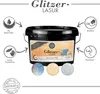 A bucket of glitter paint with surrounding icons and sample colors. Produktbild-Vorschau