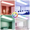 Collage of four different room settings showcasing a rectangular LED panel light with various color lighting effects. Produktbild-Vorschau