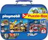 A blue tin box containing Playmobil puzzles, showcasing different scenes from the puzzles. Produktbild-Vorschau