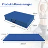 A gym mat is shown folded and unfolded with dimensions indicated. A person is partially visible in the background. Produktbild-Vorschau