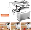 A collage showing a meat grinder with dimensions and three close-up shots of the meat grinder in use. Produktbild-Vorschau