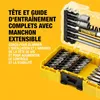 A yellow plastic case containing a set of screwdriver bits and a driver with an extendable sleeve, with French text describing the product's features. Produktbild-Vorschau