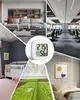 A collage of different indoor environments and a central image of a digital thermometer and hygrometer. Produktbild-Vorschau