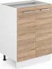 A white and wood-grain kitchen base cabinet with two doors and silver handles, shown from a slight angle on a white background.