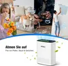 A collage showing different scenarios where an air purifier is beneficial, followed by an image of the air purifier itself. Produktbild-Vorschau
