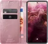 A pink flip case for a smartphone, showing cards and currency inserted. Produktbild-Vorschau