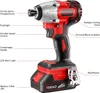 A red and silver impact driver with labels pointing out its features. Produktbild-Vorschau