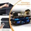 A collage of images showcasing a black high-gloss coffee table with LED lighting, highlighting its features like protective film and ease of cleaning. Náhled obrázku produktu