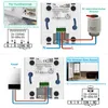 Diagrams showing the wiring of a smart thermostat for different heating systems. Produktbild-Vorschau