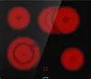 A top-down view of a black electric stovetop with four heating elements, three circular and one oval, all glowing red. Produktbild-Vorschau