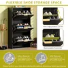 A black shoe cabinet with three flip-down doors, displaying various shoes inside. The image also includes informational graphics about adjustable levels and removable partitions, as well as shoe size comparisons. Podgląd zdjęcia produktu