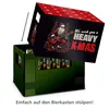 A green beer crate with a decorative sleeve being placed over it, showing a Santa Claus graphic and Christmas-themed text. Produktbild-Vorschau