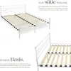 A white metal bed frame with wooden slats, shown from two different angles, with German marketing text. Produktbild-Vorschau